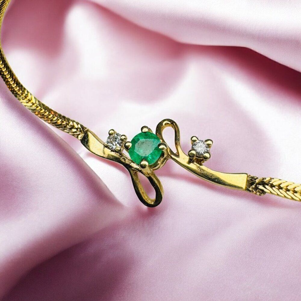 18K Gold Colombian Emerald & Diamond Bracelet- 750 Gold -6.5"- Herringbone -2.6g - Picture 13 of 16